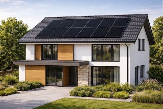 Maison individuelle équipée d’un kit solaire en toiture : 8 panneaux full black alignés, vue 3/4, ciel légèrement voilé